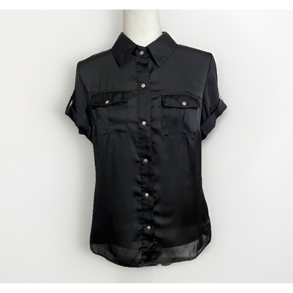 Black Satin Short Sleeve Blouse Whimsy Goth Emo Grunge Y2K Size Large